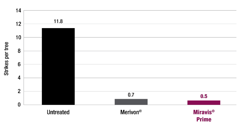 Bar chart showing the effectiveness of Miravis Prime fungicide in reducing Brown rot in almonds against competition